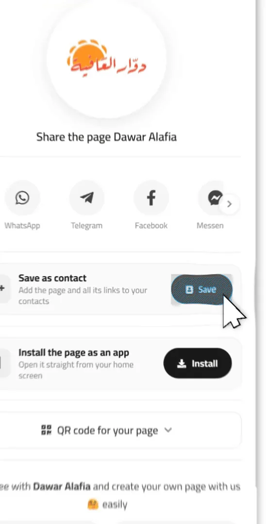 The Save as contact button inside the share sheet on a Linkin1 page on mobile