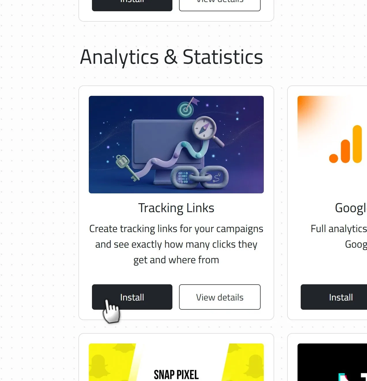 Installing the Tracking Links extension from the Analytics and Statistics section of the Linkin1 extensions page