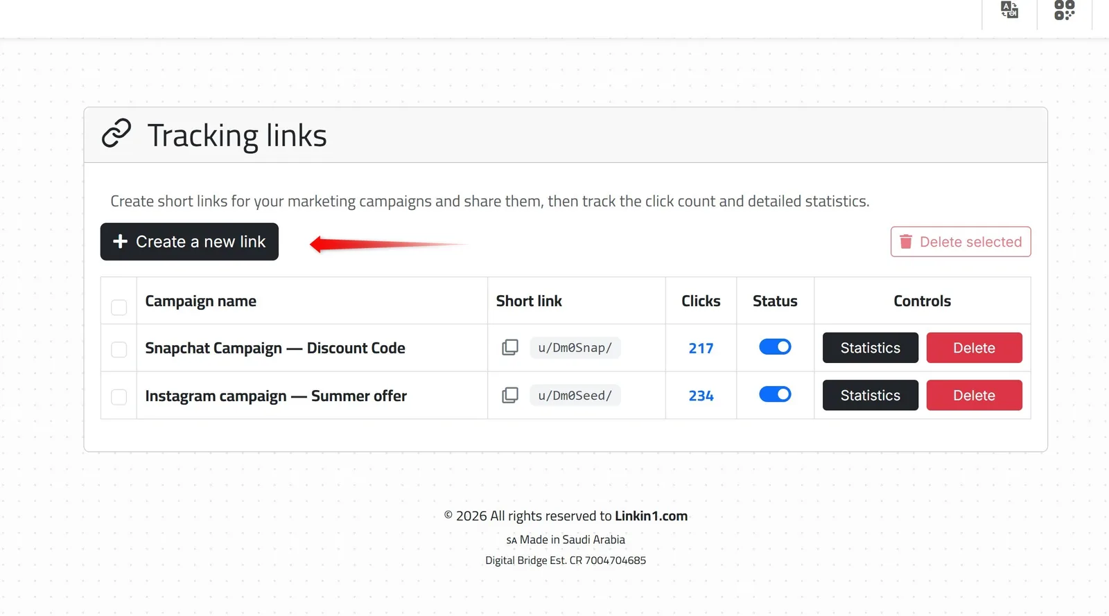 The Linkin1 tracking links list showing campaign names, short links, click counts and status toggles