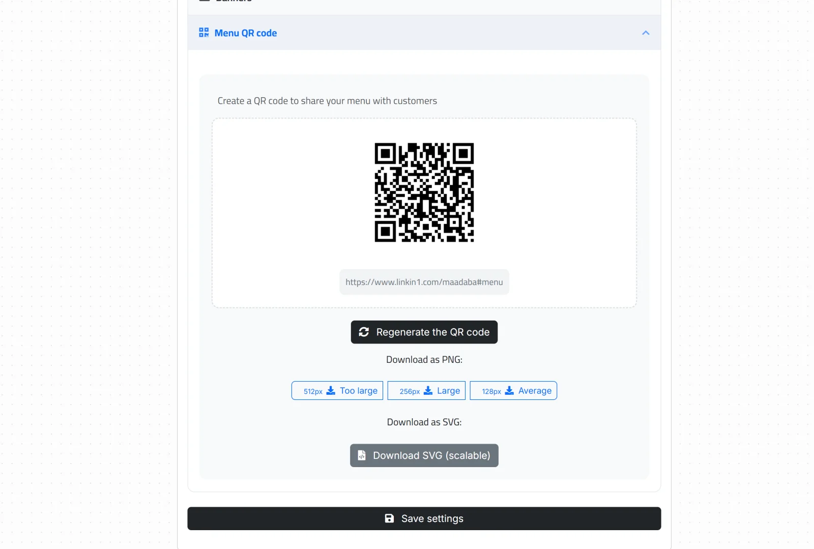Generating the menu QR code and downloading it as PNG or SVG in the Linkin1 dashboard
