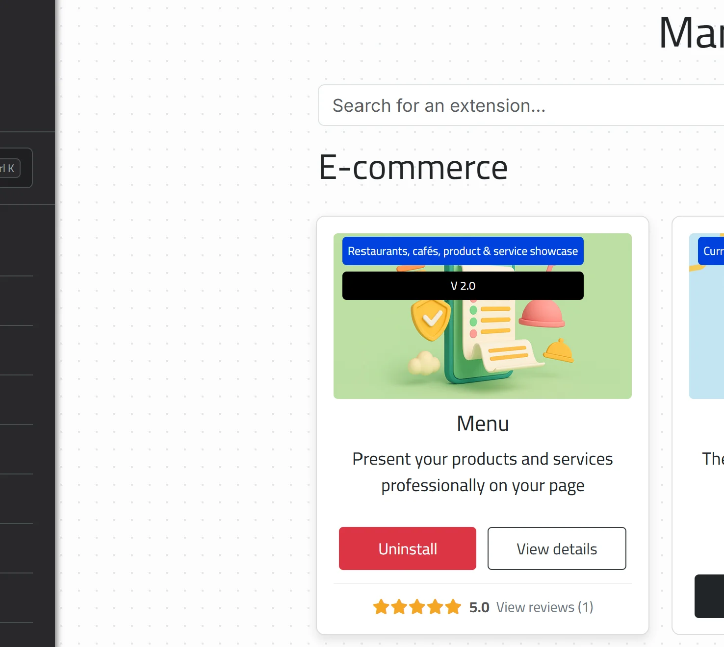Installing the Menu extension from the extensions page in the Linkin1 dashboard