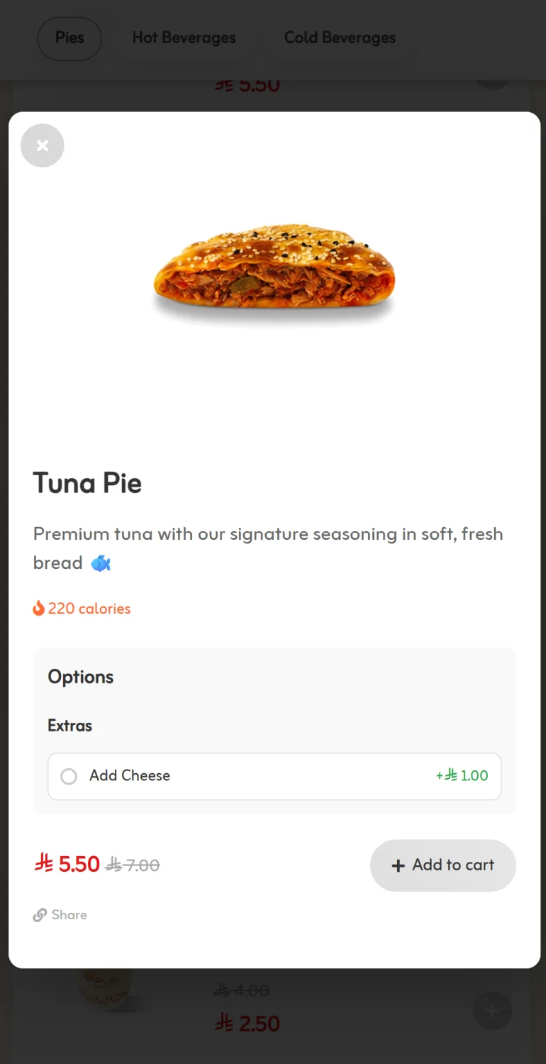 Dish detail popup in the digital menu showing options, calories and the add to cart button